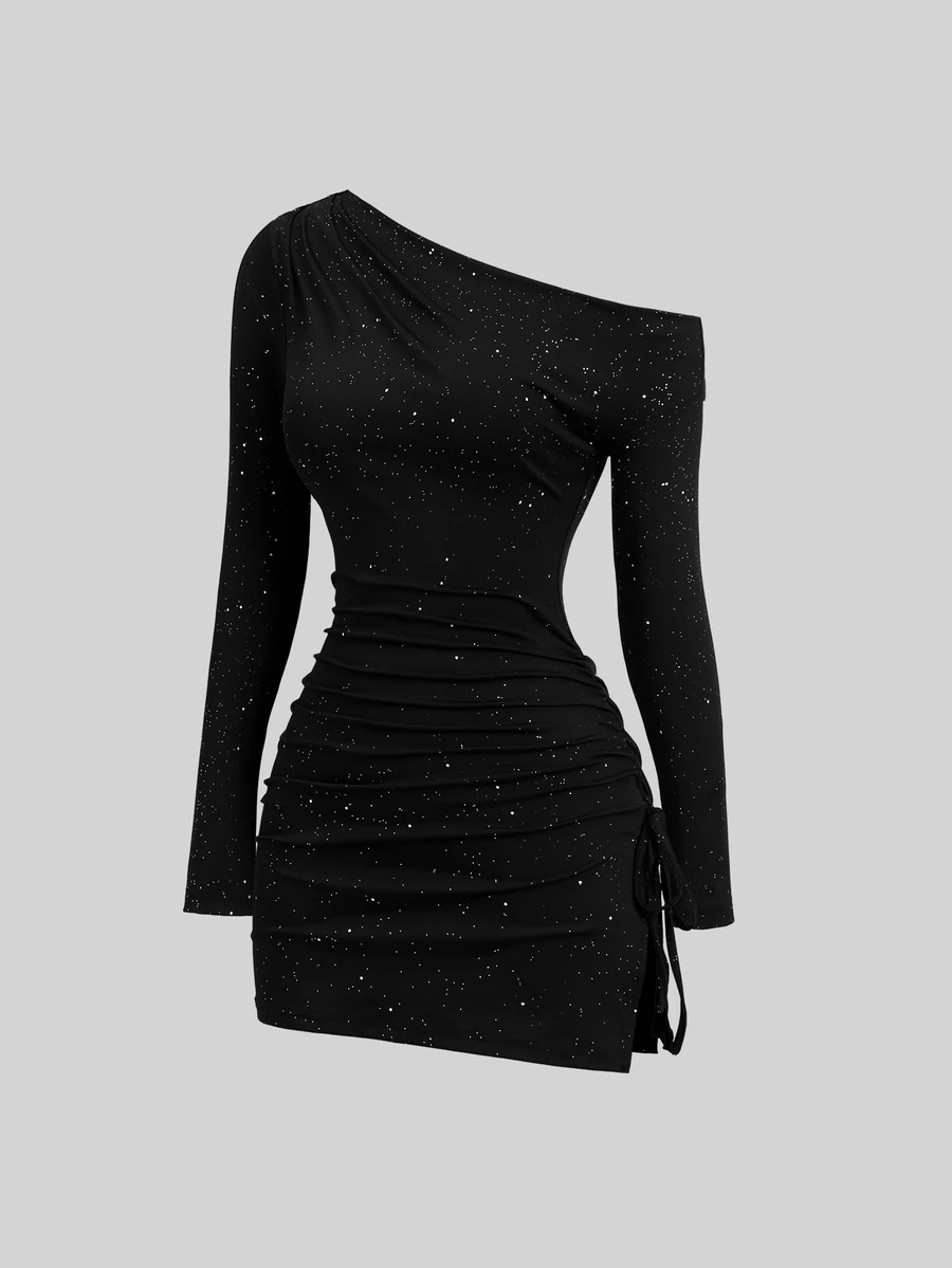 Sweetra New Shiny Fabric Party Evening Elegant Asymmetrical Shoulder Long Sleeve Cinched Waist Ruched Bow Tie Drawstring Side Slit Design Mini Dress - Black - View 1