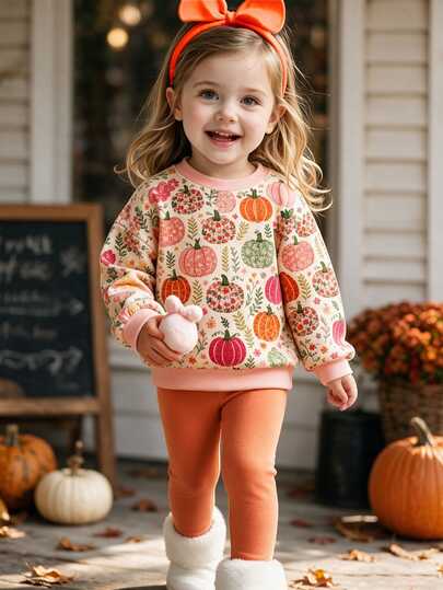 Baby Girls' Autumn Pumpkin Floral 2 Pieces Set, All-Over Print Colorful Pumpkin & Floral Crew Neck Sweatshirt With Orange Slim-Fit Leggings, Skin-Friendly Fabric Halloween Holiday Outfit