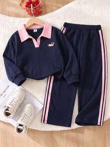 SHEIN 女童學院風 Polo 領兩件套，海軍藍撞色翻領 V 領長袖上衣 + 高腰寬腿褲，經典臘腸狗卡通圖案印花休閒套裝，寬鬆舒適，春夏秋冬百搭運動風，適合日常上學與外出 - 藏蓝色 - 查看 1