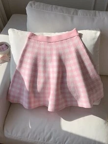 Comfortcana 女款彈性腰休閒格紋針織裙 - 粉色 - 查看 2