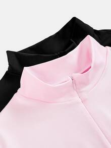 SHEIN Girlism 青少年女孩休閒彈性半拉鍊V領修身長袖黑色/粉色兩件式外套套裝，極簡休閒秋冬外套，瑜伽 - 彩色 - 查看 3