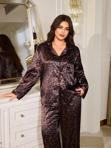 MuseNap CURVE Plus Size Leopard Print Faux Silk Open Front Lapel Long Sleeve Pajama Set With Pants - Brown - View 2