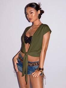SHEIN ICON 女款深V領打結繆思風上衣 - 軍綠色 - 查看 5