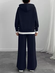 SHEIN Women Navy Marl Oversize Sweatshirt And Sweatpant Two Pieces Set - Navy Blue - View 2