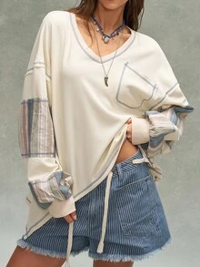 Bohemela Casual Loose Plaid Patchwork Women's Sweatshirt - Multicolor - View 5
