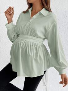 SHEIN Maternity Solid Color Long Sleeve Button Half-Placket Casual Shirt Fall - Green - View 4