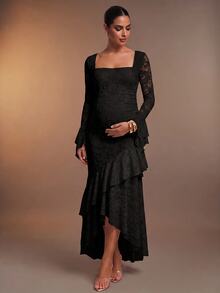 MaterniChic Elegant Solid Color Lace Ruffle Maternity Party Dress Fall - Black - View 6