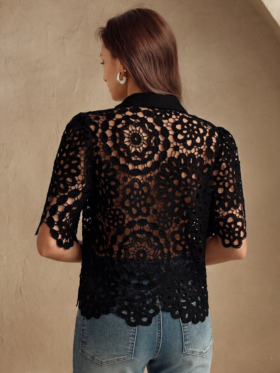 Anewsta Solid Color Women's Elegant Vacation Floral Hollow Water-Soluble Lace Blouse Top, Spring Summer Festival Graduation, Elegant, Vacation, Holiday, Beach, Festival