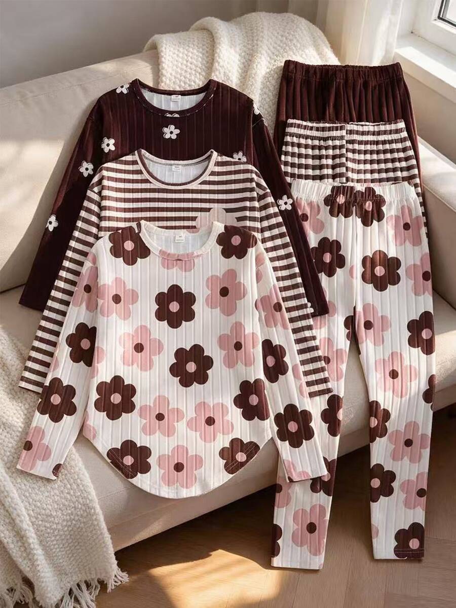 SHEIN Girls' 3-Color Bowknot Floral Colorful Ribbed Large Flower Print Ribbed Fuzzy Set, Comfortable Versatile Fashion, Suitable For Outings, Walks And Other Occasions, Suitable For All Seasons - Multicolor - View 1