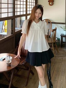 DAZY 女款領口格紋清新韓風滿版印花襯衫 秋季 - 白色 - 查看 4