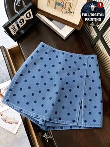 SHEIN Franclia 時尚休閒通勤百搭丹寧效果印花紋理柔軟面料高腰開衩女款短褲/裙/寬腿褲/熱褲 - 藍色 - 查看 1