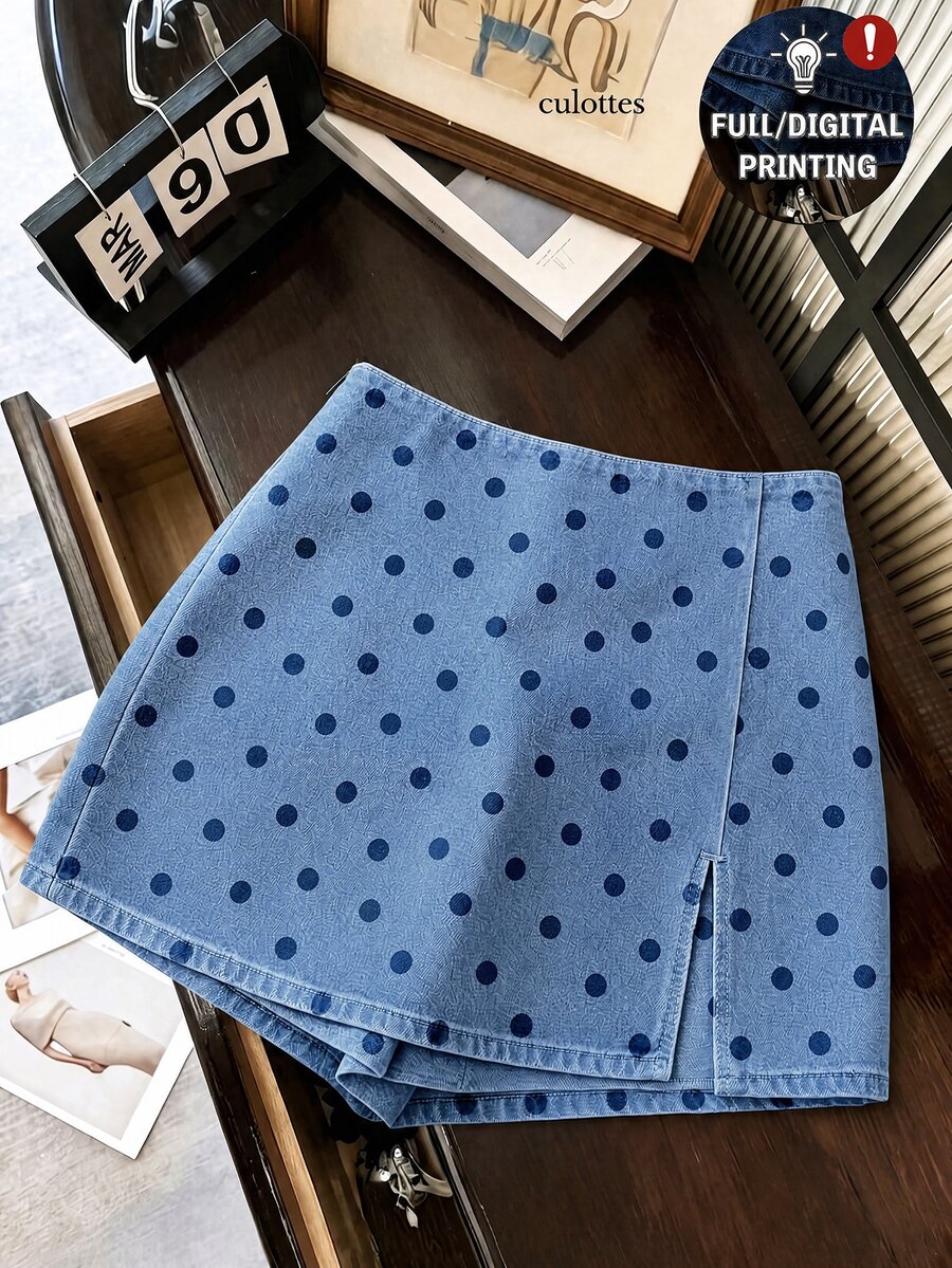 SHEIN Franclia 時尚休閒通勤百搭丹寧效果印花紋理柔軟面料高腰開衩女款短褲/裙/寬腿褲/熱褲 - 藍色 - 查看 1