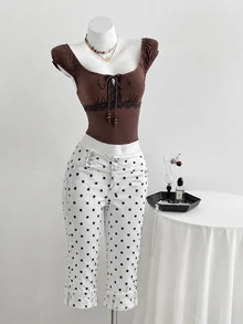 Flirla 6-Inch Women's Polka Dot Casual Denim Skinny Pants - Multicolor - View 5