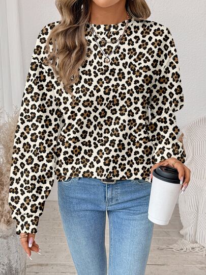 SHEIN LUNE Sudadera de cuello redondo con estampado de leopardo vintage para mujer