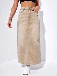 SHEIN EZwear Women's Button-Front Distressed Denim Midi Skirt With Back Slit - Camel - View 6