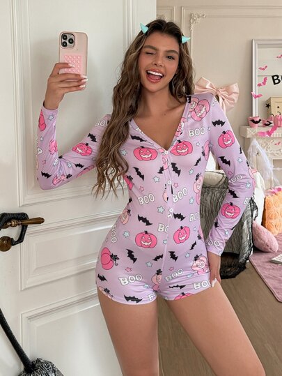 SweetSlumber Sweet Cute Halloween Colorblock Pumpkin & Bat Print Slim Fit Flattering Knit Button V-Neck Long Sleeve Women's Pajama Jumpsuit