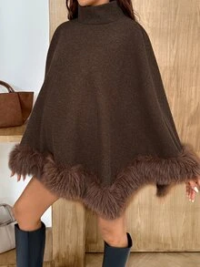 SHEIN Maternity Elegant Chic Western Stand Collar Cape Overcoat For Autumn/Winter, Silky-Smooth Fur Collar-Sophisticated And Fall Thanksgiving Party Brown - Brown - View 4