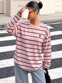 Muchica 女款寬鬆條紋露背綁帶長袖T恤，適合外出、返校、街頭穿搭，露背上衣 - 彩色 - 查看 4