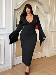 GalTyme Plus Size Sexy Elegant Bell Sleeve Fitted Dress For Evening Party Fall - Black - View 4