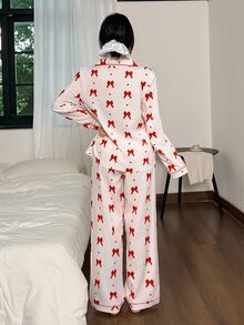Napfluff Women's New Bow Print Casual Long Sleeve Pants Pajama Set - Red and White - View 3
