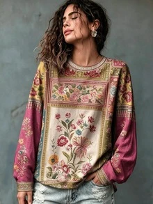 Selamara 大尺碼女款休閒波西米亞大地色系復古花卉印花圓領長袖T恤上衣，適合日常穿著、秋季度假、米色旅行 - 杏色 - 查看 3