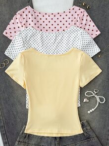 青少年女孩時尚休閒簡約百搭波點與純色方領短袖T恤，3件/組 - 彩色 - 查看 2