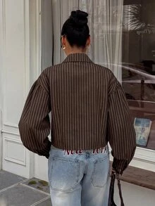 Muchica Women's Striped Long Sleeve Zip-Up Casual Jacket - Brown - View 2