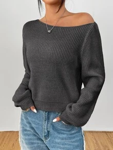 SHEIN PETITE 秋季休閒純色不對稱領毛衣 - 灰色 - 查看 6