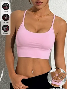 SHEIN Sovereign Charm 肩帶露背短版多功能運動內衣，適合瑜伽與健身 - 粉色 - 查看 2