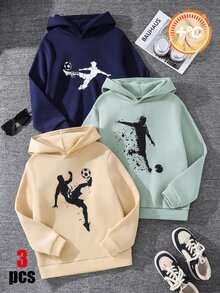 SHEIN 買2送1兒童青少年男孩休閒足球與籃球圖案運動衫，橄欖綠、海軍藍、卡其色，基礎上衣，適合秋冬、學校、家庭聚會、度假、派對，秋季穿搭，冬季穿搭 - 彩色 - 查看 3