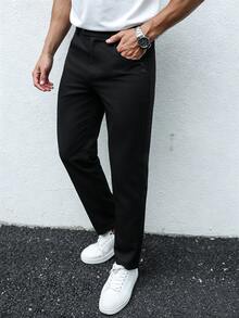 Manfinity Mode 男士純色通勤休閒商務優雅長褲，斜口袋西裝長褲，百搭禮物，適用婚禮、商務、辦公、婚前拍照，黑色，秋季 - 黑色 - 查看 5