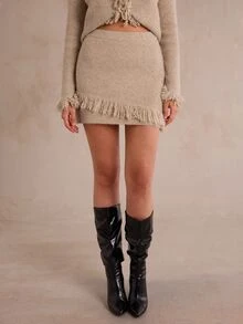 Enchnt Autumn/Winter Casual Tassel Decor Knitted Skirt - Brown - View 4