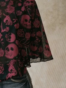 SHEIN ICON 大尺碼女款不對稱骷髏與玫瑰印花上衣 - 彩色 - 查看 3