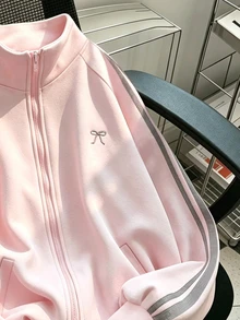 Resyla Stand Collar Sweatshirt Zip-Up Jacket, Bow Embroidery Jacket For Girls, Hot Item, Sister Outfits, Autumn And Winter Campus Casual Style - Multicolor - View 3