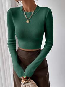 SHEIN Autumn Casual Solid Color Cropped Sweater - Dark Green - View 4