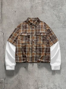 AXEPEAK Men's Plaid Patchwork 2 In 1 Shirt - Khaki - View 1