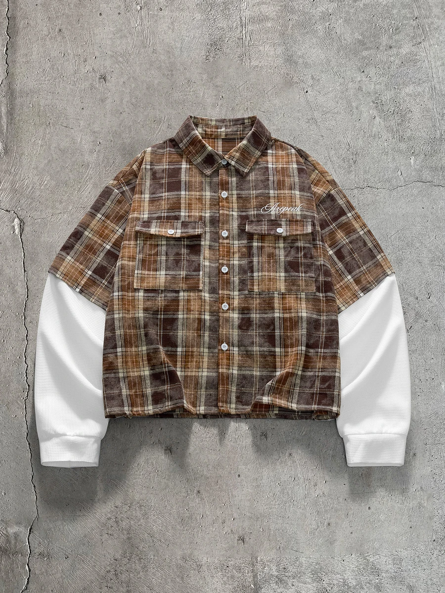 AXEPEAK Men's Plaid Patchwork 2 In 1 Shirt - Khaki - View 1