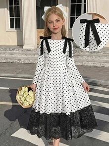 Tween女孩春秋新款時尚休閒針織波點印花拼色蝴蝶結裝飾圓領長袖收腰抓皺下擺蕾絲飾邊長洋裝，派對穿搭，日常穿著 - 白色 - 查看 6
