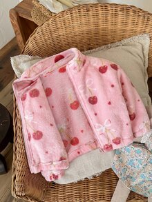 SHEIN LMoss Kids LMoss 女嬰可愛休閒愛心圖案毛絨立領夾克，適合秋冬穿著 - 粉色 - 查看 11