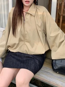 Dazy Plus Solid Color Loose Fit Lapel Lantern Sleeve Casual Elegant Vacation Fall Doll Blouse Jacket Office Going Out Beige - Khaki - View 7