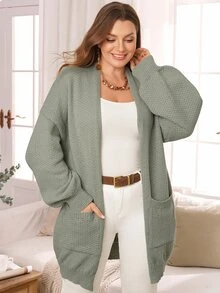 Rosumi Cardigan Rajut Lengan Panjang Wanita Ukuran Besar dengan Kantong Depan Terbuka, Warna Polos, dan Bahu Longgar untuk Musim Dingin - Hijau - View 3