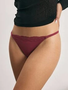 Ocili 3pcs/Pack Multi-Color 100% Pure Cotton Comfortable Minimalist Double-Sided Lace Thin Strap Elastic Women's Triangle Panties ChicAutumn - Red - View 4