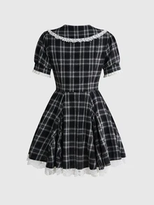 ROMWE Autumn/Winter Kawaii Sweet Plaid Bow Decor Cotton Fabric Lace Patchwork Peter Pan Collar Waist-Cinching A-Line Short Dress For Women - Black - View 2