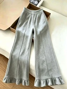 Franclia Women's Solid Color Elastic Waist Ruffle Hem Casual Long Pants - Grey - View 1