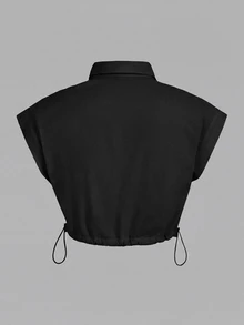 SHEIN ICON Flap Detail Drawstring Side Crop White Shirt - Black - View 2