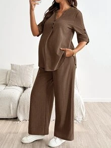 SHEIN 孕婦度假休閒襯衫與長褲兩件套 - 咖啡棕 - 查看 5