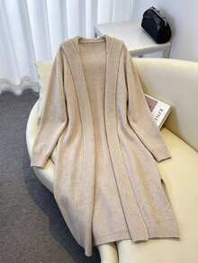 SHEIN Franclia Women's Autumn/Winter French Lazy Style Solid Color Hooded Buttonless Side Slit Long Drape Knit Long Sleeve Cardigan Sweater, Suitable For Daily Commute And Vacation - Khaki - View 5
