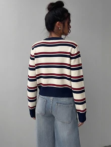 SHEIN BASICS 女款開襟衫，適合春、秋、冬，高端配色，優雅條紋，返校穿搭 - 彩色 - 查看 7