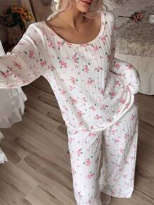 CottageSlumber Women's Romantic Floral Fleece Ribbed Asymmetrical Shoulder Long Sleeve Wide Leg Pants Pajama Set - White - View 3