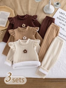 3-Piece Set Girls' Spring/Autumn Back To School Outfit, Cream/Light Brown/Reddish Brown, Soft Korean Sweet Style Composite Plush Fabric, Vertical Ribbed Elastic Ribbed Solid Color 3D Flower Pattern, Semi-High Neck Flutter Sleeve Long Sleeve Top And Long Pants Two Pieces Set, Suitable For Back To School, Outings, Daily Wear, Girls' Outfit - Multicolor - View 1